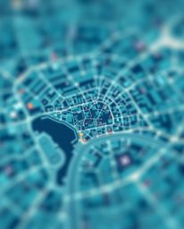 This captivating abstract city map, rendered from a bird's-eye perspective, showcases a metropolis built from geometric forms