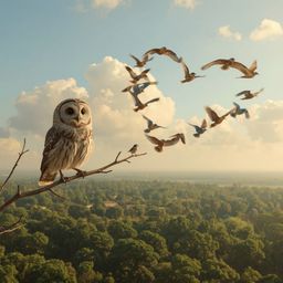 A stunning high-fashion photography piece, rendered in a Pixar-style animation, depicts a blind owl perched precariously on a