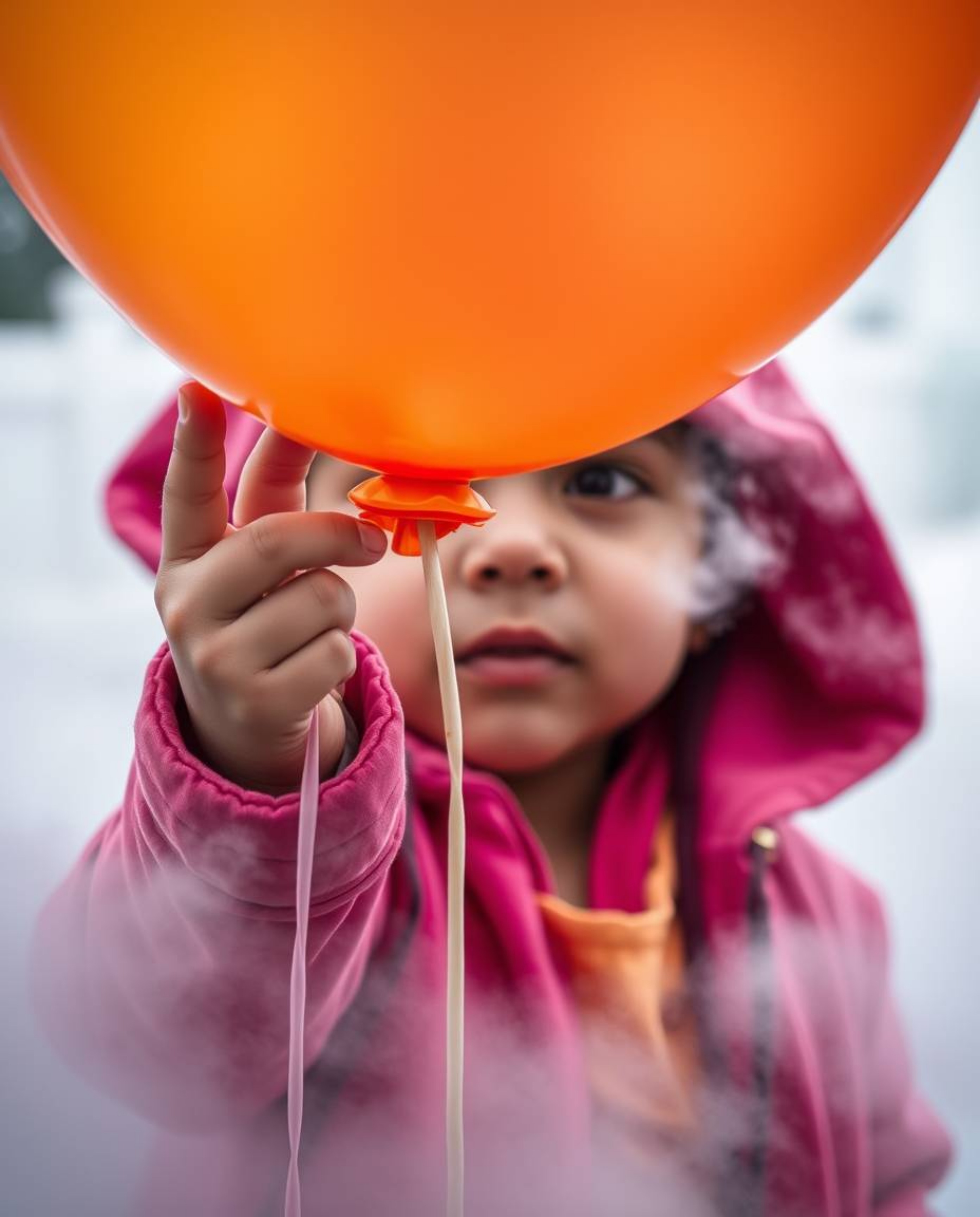 A captivating extreme macro photograph showcases a child holding a balloon, enveloped in thick fog.  The image is bursting wi