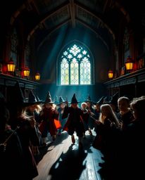 Explore a vibrant and enchanting magical school brought to life with striking chiaroscuro lighting, where energetic young wiz