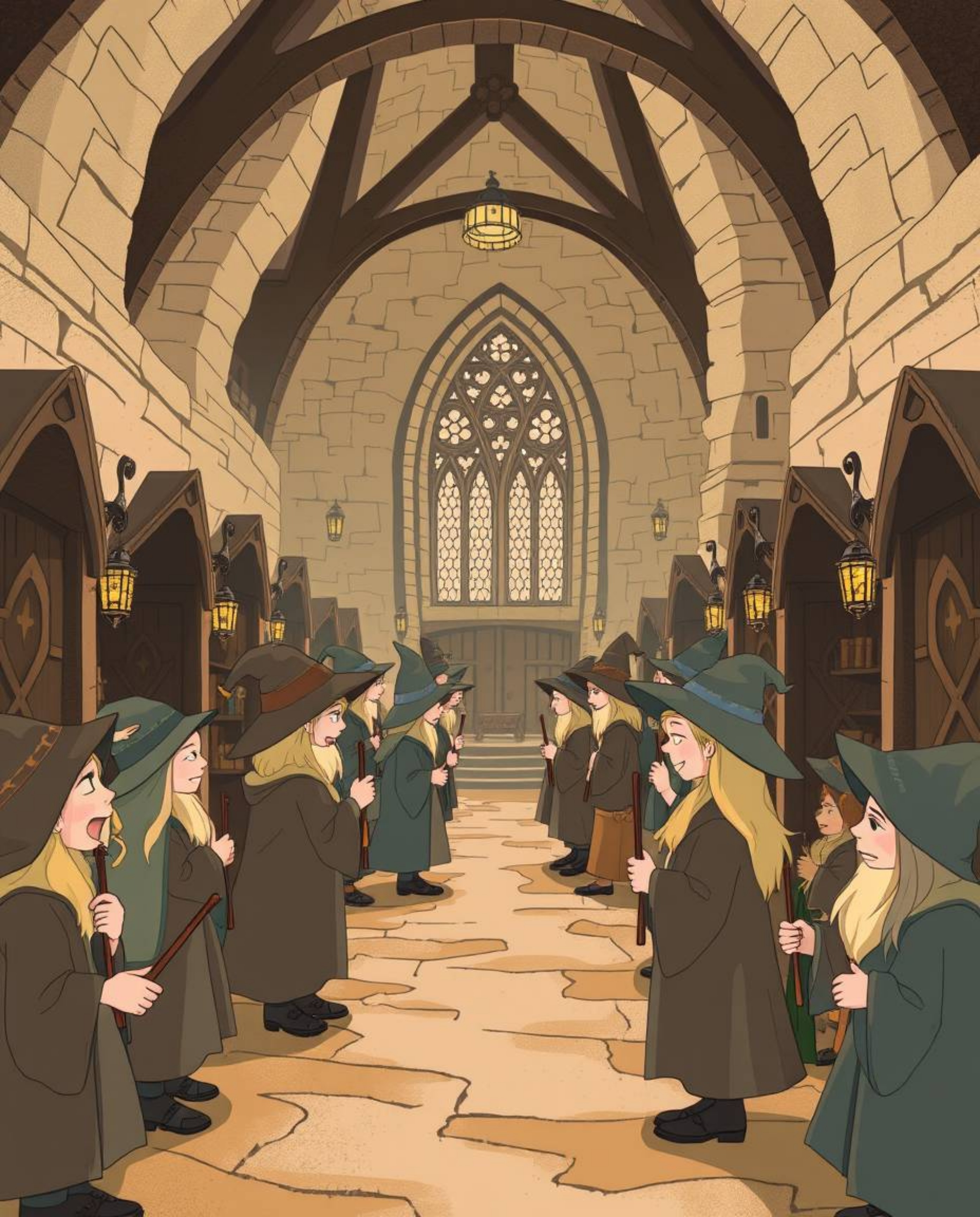 Illustration of a magical school filled with young wizards, rendered in calming natural earth tones. Browns, beiges, and mute