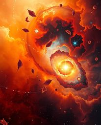 Experience the breathtaking beauty of colliding galaxies, rendered in warm autumnal hues. This abstract artwork features arti