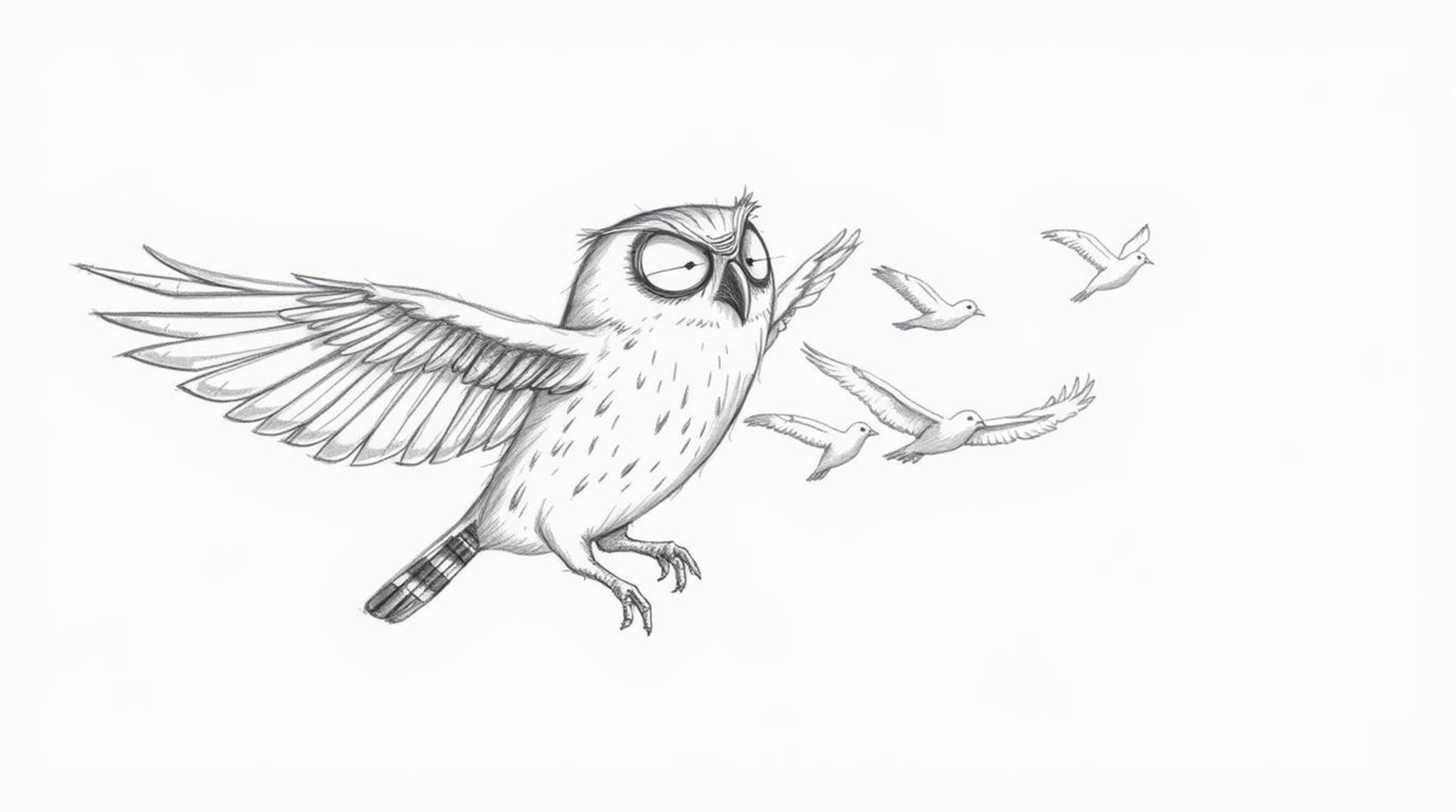 A hand-drawn pencil sketch showcases a blind owl, rendered in a Pixar-esque style, leading a flock of birds through the air. 