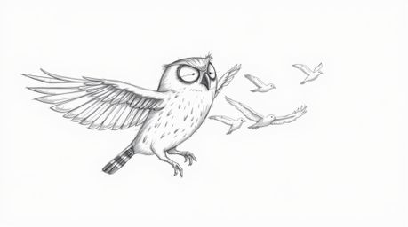 A hand-drawn pencil sketch showcases a blind owl, rendered in a Pixar-esque style, leading a flock of birds through the air. 
