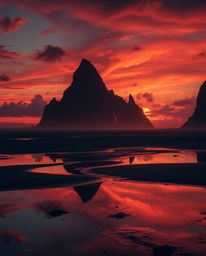 In a futuristic sci-fi style, an eerie sunset sky is mirrored in the tidal pools of a beach. The scene is defined by its dark