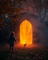 A curious child stumbles upon a mystical portal hidden in their autumnal backyard, bathed in warm, volumetric lighting. Dust