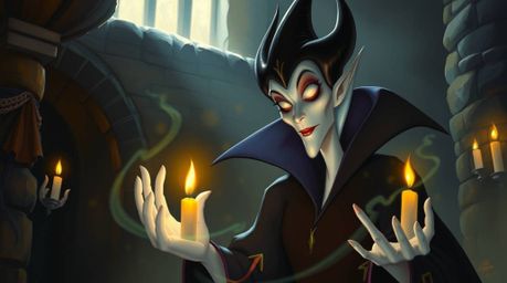 An ethereal oil painting depicting a classic Disney villain casting a spell in an old stone castle. The artwork features sha