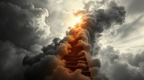 This image presents a high-contrast scene of a winding stairway crafted from smoke and light, ascending into a vast and cloud