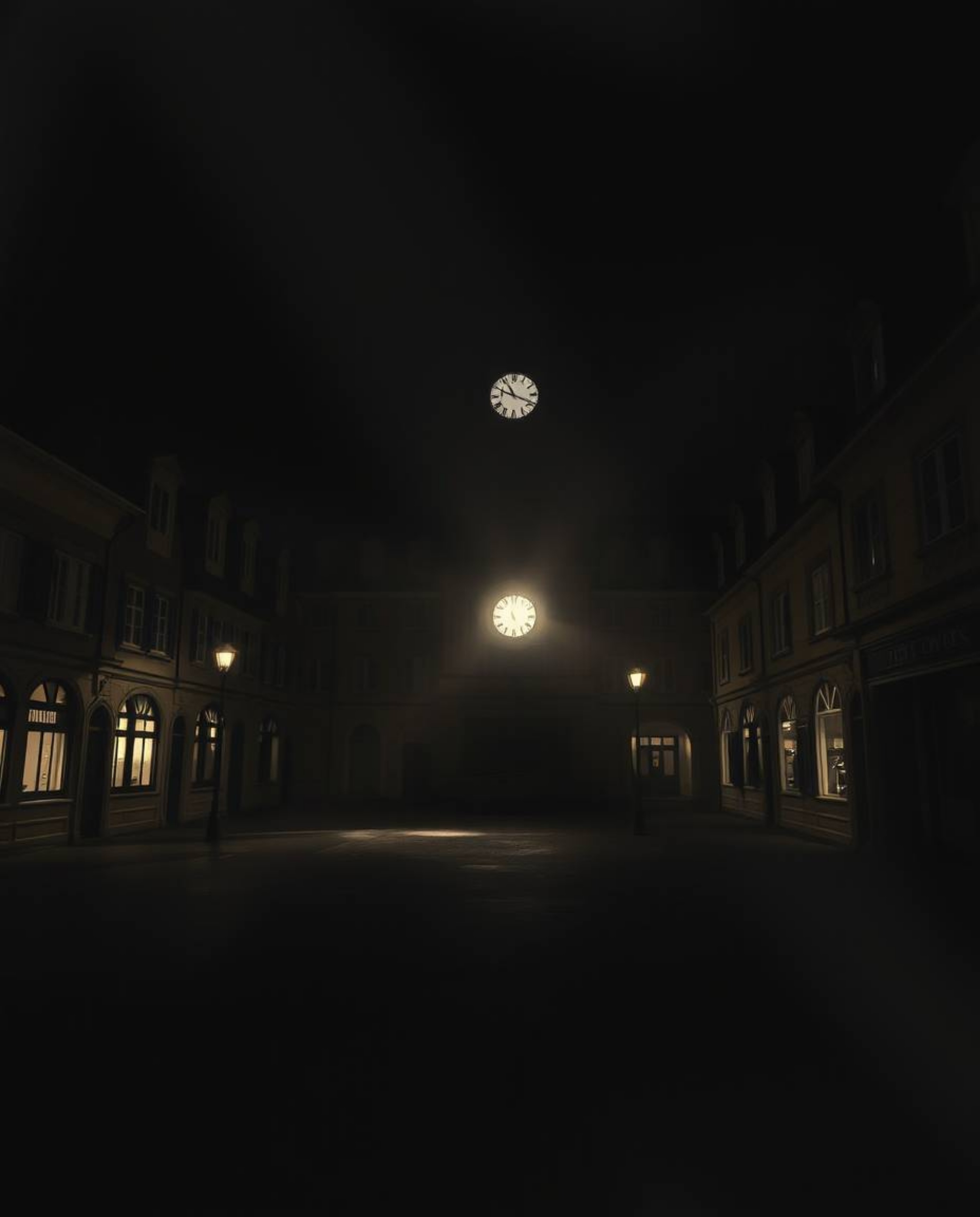 An ethereal, spiritual photograph depicts an empty town square bathed in high contrast, low-key lighting.  Deep shadows and a