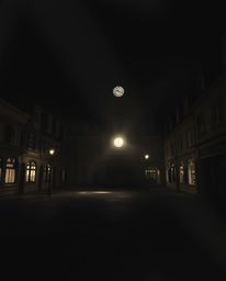 An ethereal, spiritual photograph depicts an empty town square bathed in high contrast, low-key lighting.  Deep shadows and a