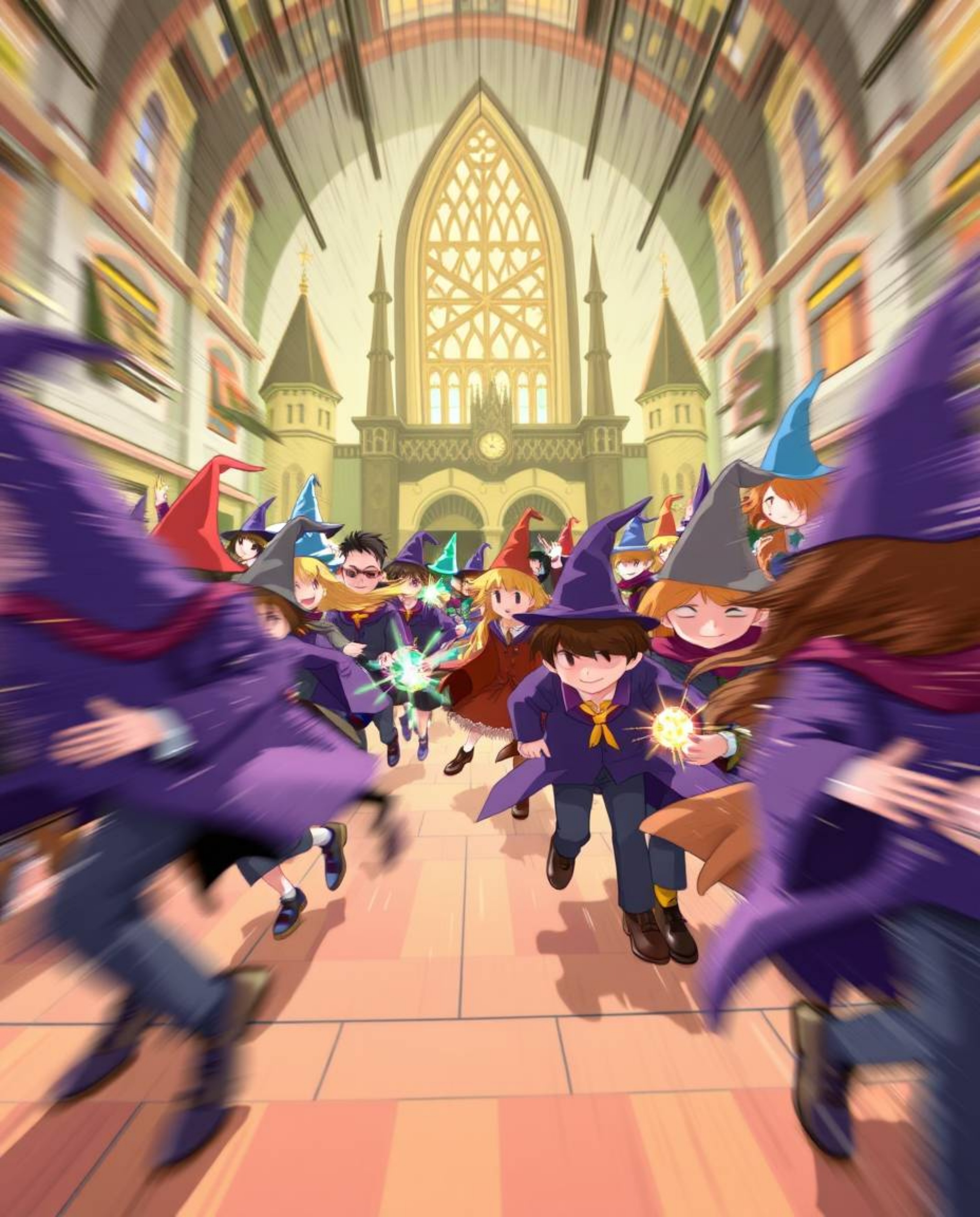 Experience a captivating and dynamic illustration showcasing a magical school teeming with young wizards in action. Blurred l