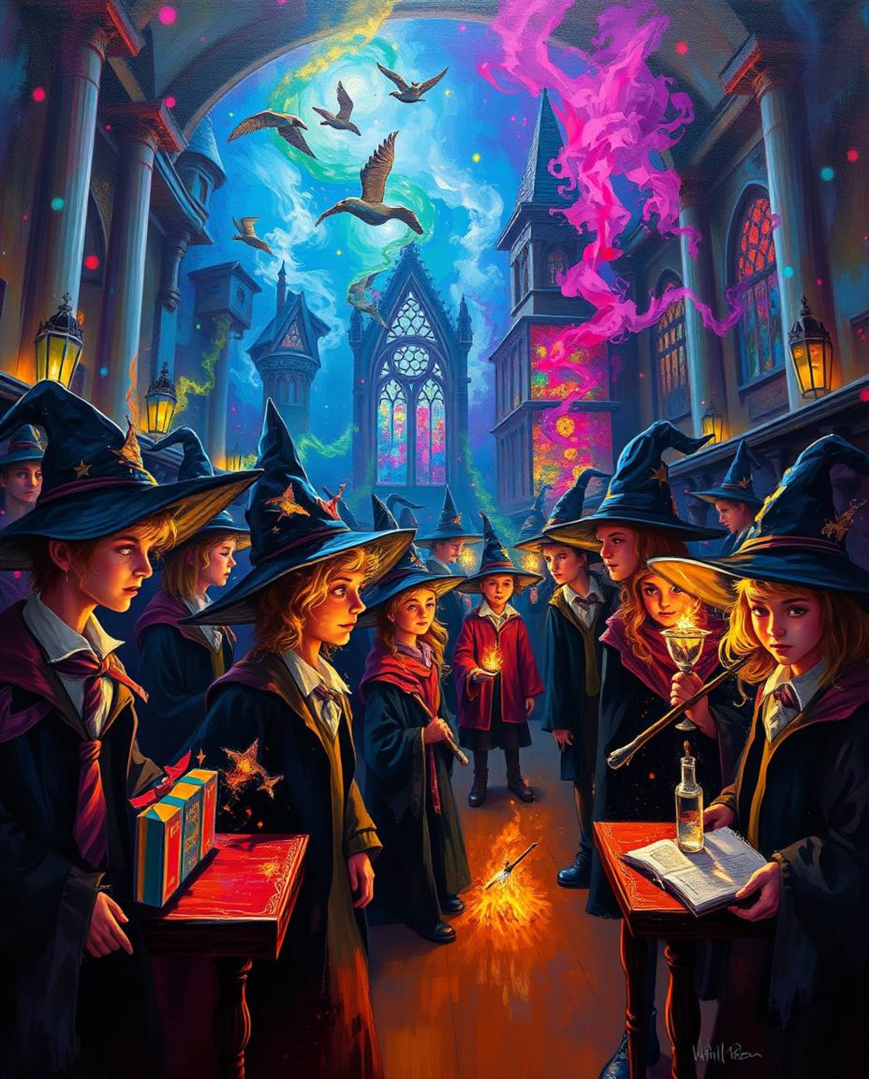 Experience the enchanting atmosphere of a magical school filled with young wizards, brought to life in the style of a classic