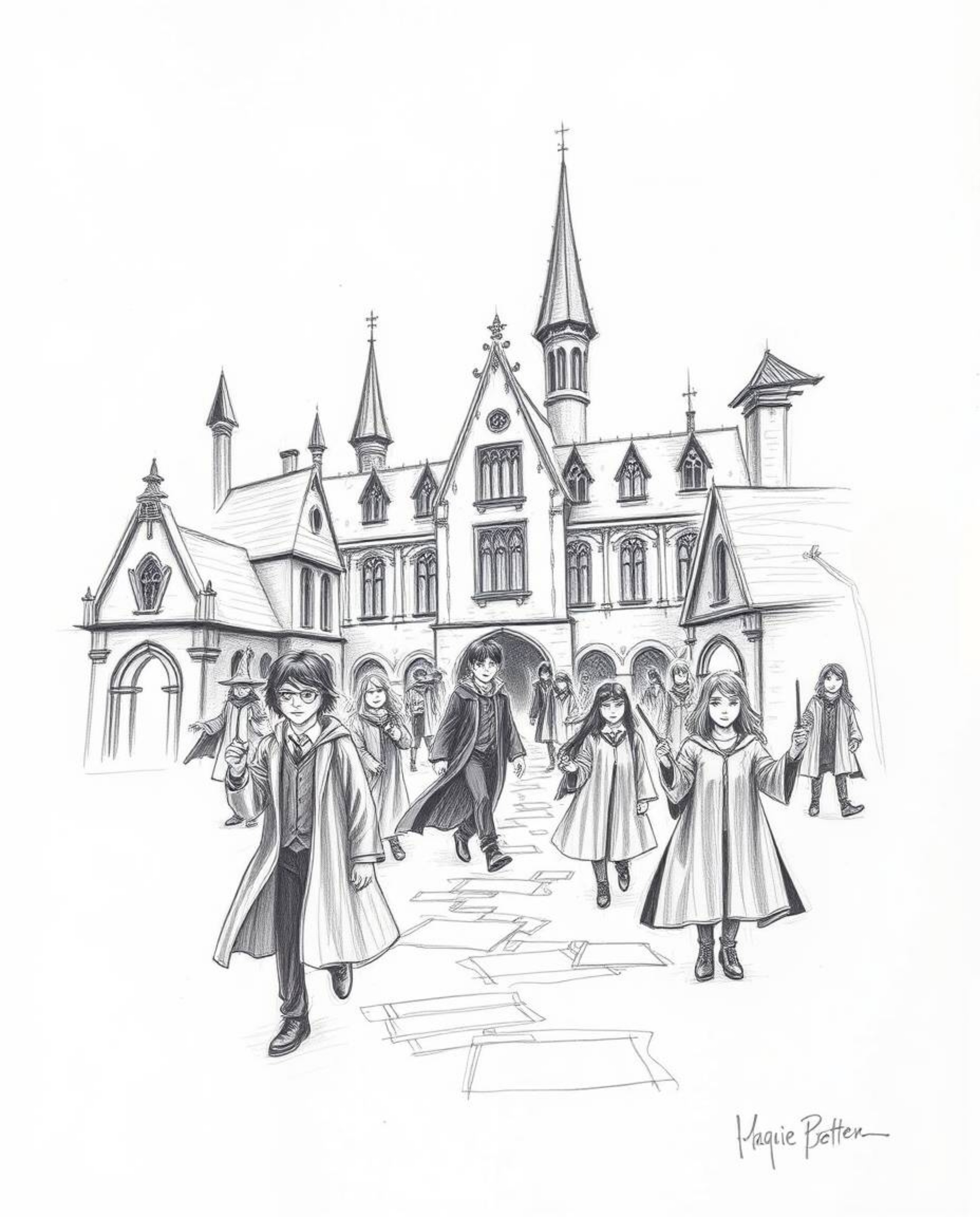 A captivating hand-drawn sketch depicts a magical school brimming with young wizards, rendered in a dramatic cinematic style.