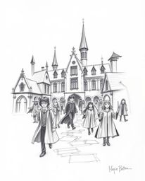 A captivating hand-drawn sketch depicts a magical school brimming with young wizards, rendered in a dramatic cinematic style.