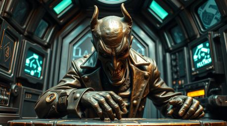 A humorous bronze sculpture depicts a villain experiencing a comedic breakdown within a futuristic high-tech lair.  The artwo