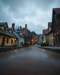 Discover a captivating image of a sleepy town rendered in a pastel watercolor style.  The low-angle perspective, captured fro