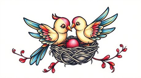This vibrant tattoo art print showcases two cartoon birds meticulously building a nest, rendered in a classic animation style