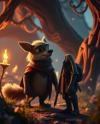 Explore a captivating cinematic journey where a talking animal sidekick loyally assists a hero through a mystic and enchantin