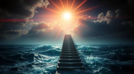 A dramatic staircase rises from a turbulent ocean, reaching towards a sky illuminated by a divine sunburst. This scene, rende