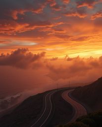 Behold an epic cinematic scene featuring a sunset sky over a winding coastal highway, captured on a massive scale. This visua