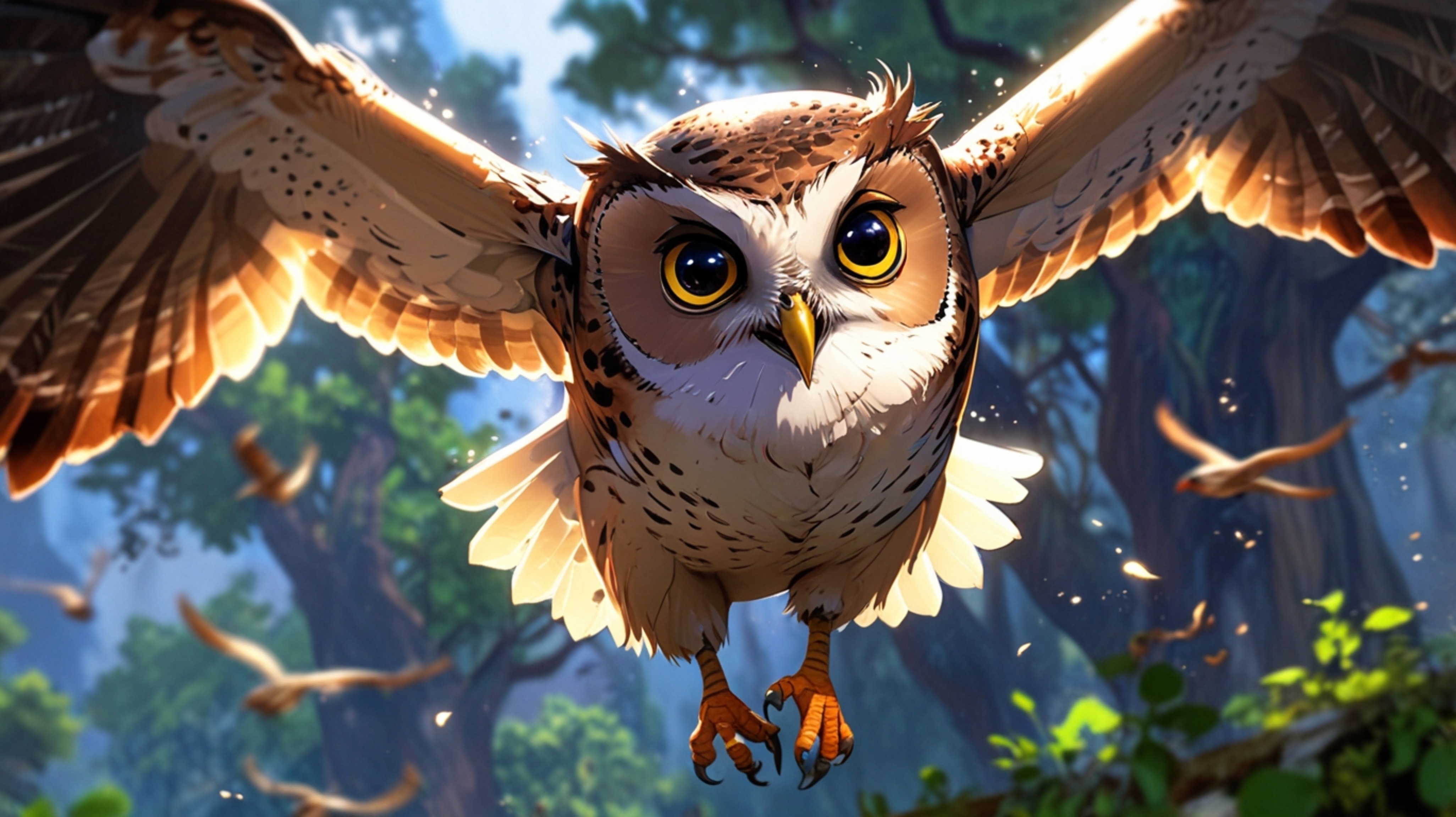 In a beautifully graceful and enchanting scene, created in a blend of Pixar and anime styles, a wise blind owl is captured mi