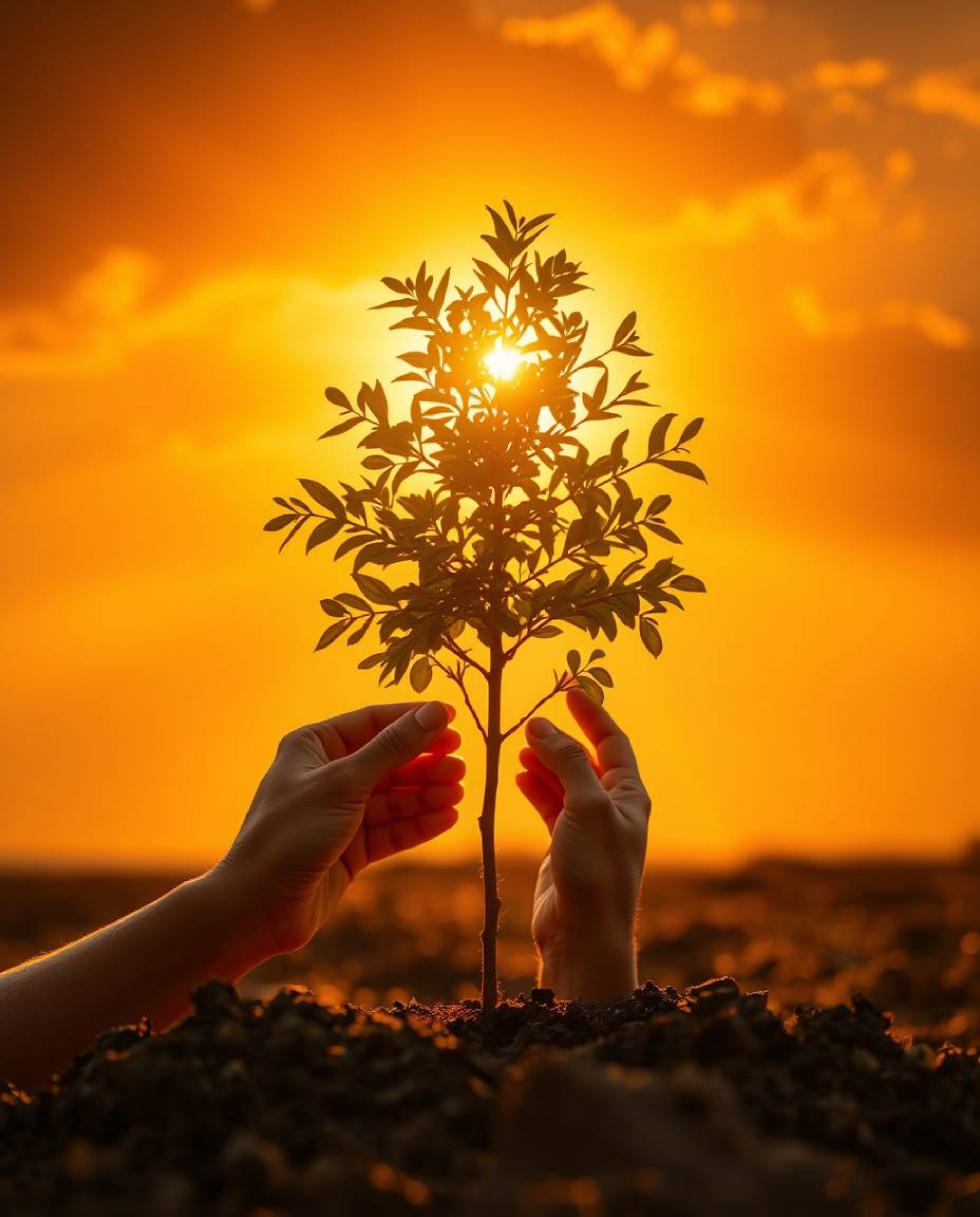 A scene bathed in a warm golden glow depicts hands planting a tree beneath a radiant golden sky. The luxurious light emphasiz
