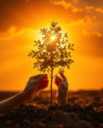 A scene bathed in a warm golden glow depicts hands planting a tree beneath a radiant golden sky. The luxurious light emphasiz