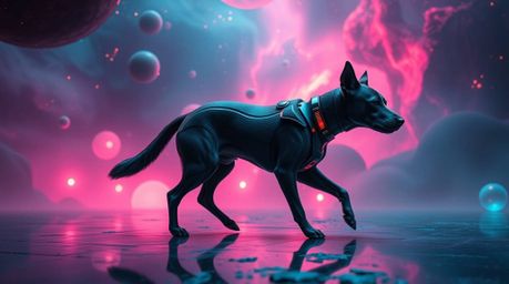 Imagine a futuristic dog confidently walking itself in the vast expanse of space, bathed in a rich, deep teal color palette. 