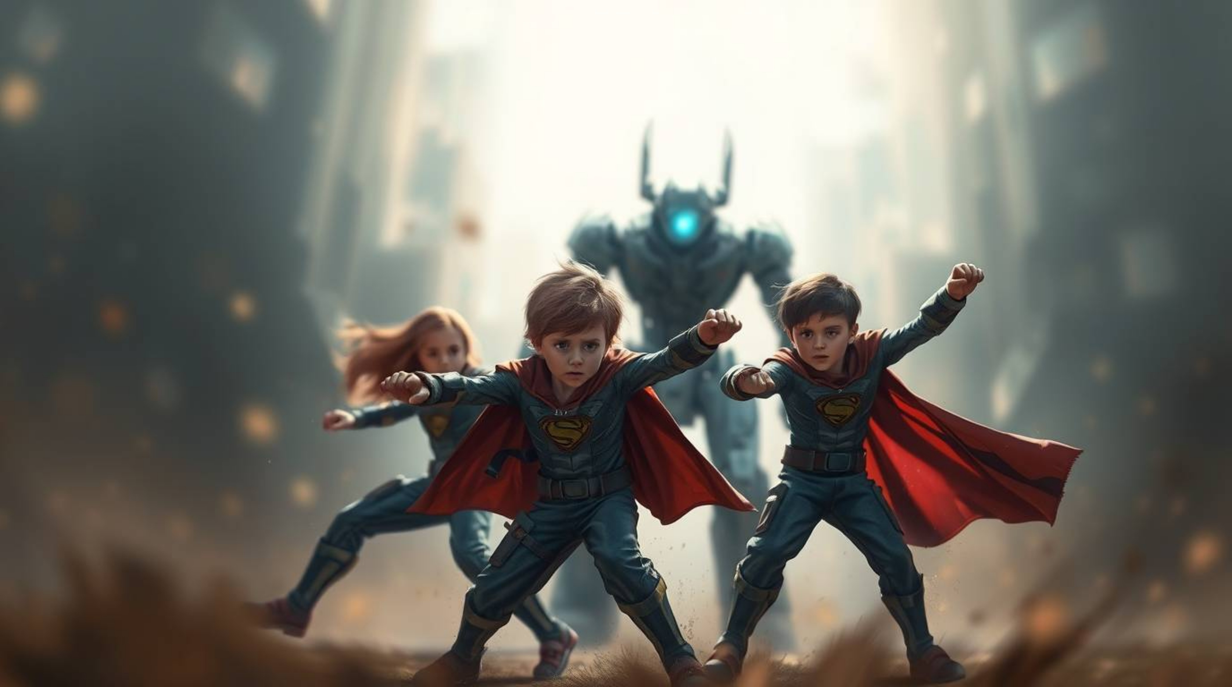 This digital painting showcases a trio of superpowered children locked in a fierce battle against a formidable robot. The art