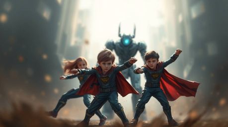 This digital painting showcases a trio of superpowered children locked in a fierce battle against a formidable robot. The art