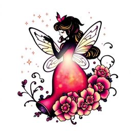 This symbolic traditional tattoo art print captures a silhouetted, back-lit fairy godmother emerging from a captivating swirl