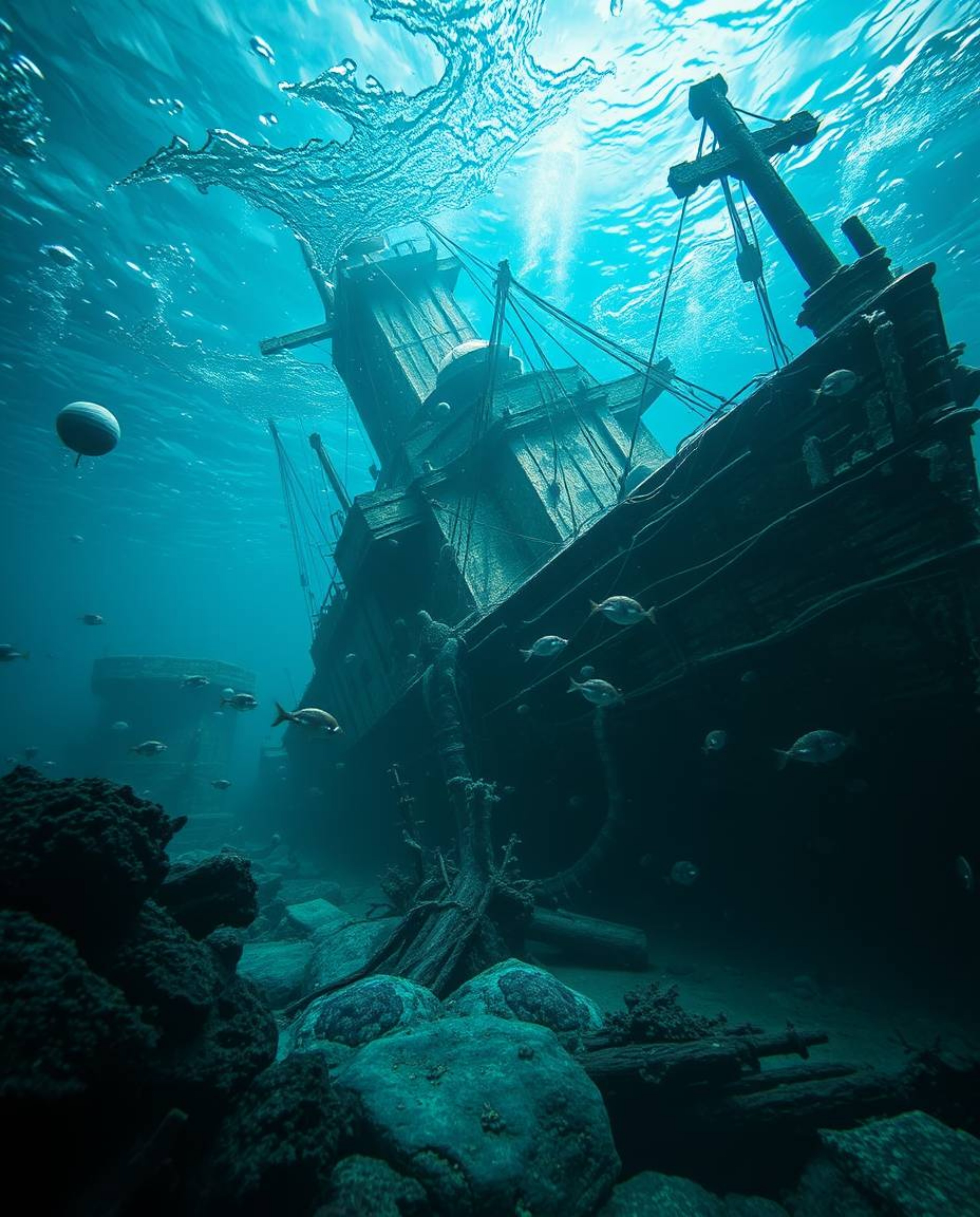 Immerse yourself in a surreal underwater shipwreck scene, where dreamlike imagery and fantastical elements collide within the