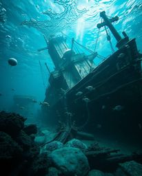 Immerse yourself in a surreal underwater shipwreck scene, where dreamlike imagery and fantastical elements collide within the