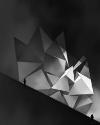 A moody, cinematic digital sketch showcases a 3D geometric pattern resembling folded paper.  Rendered in monochrome with subt