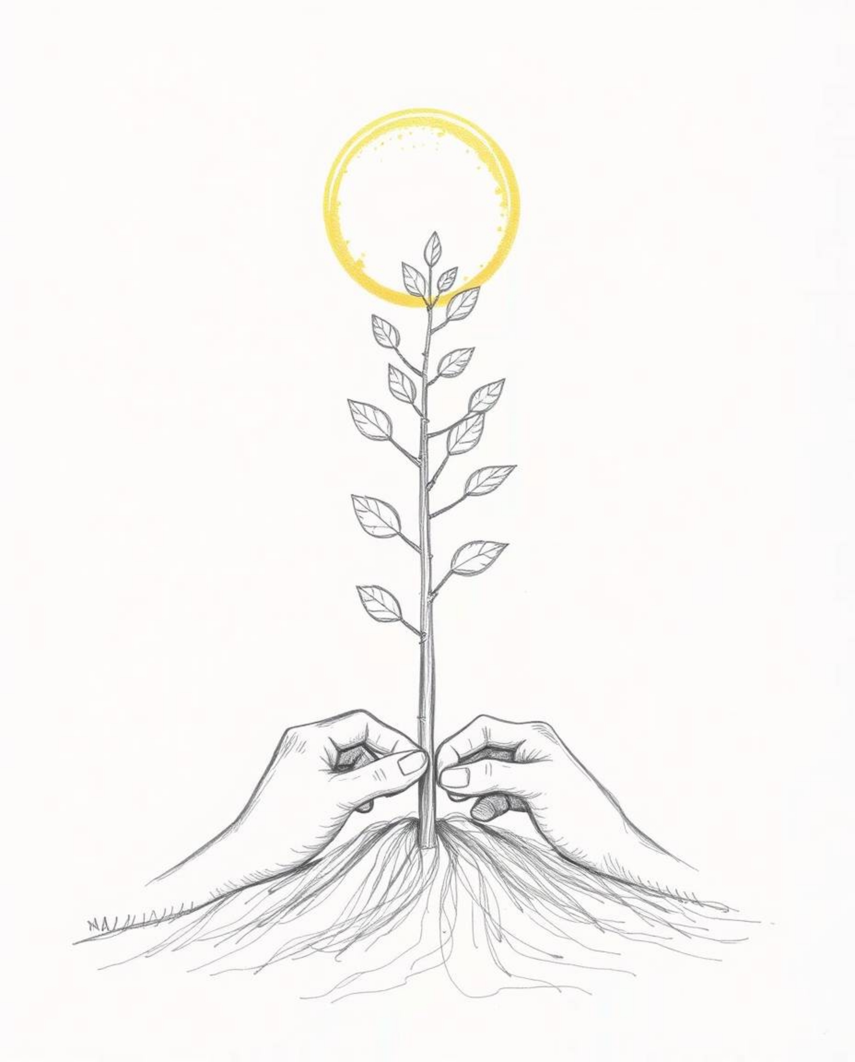 This hand-drawn pencil sketch depicts hands carefully planting a tree under a breathtaking golden sky. The artwork features r