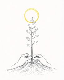 This hand-drawn pencil sketch depicts hands carefully planting a tree under a breathtaking golden sky. The artwork features r