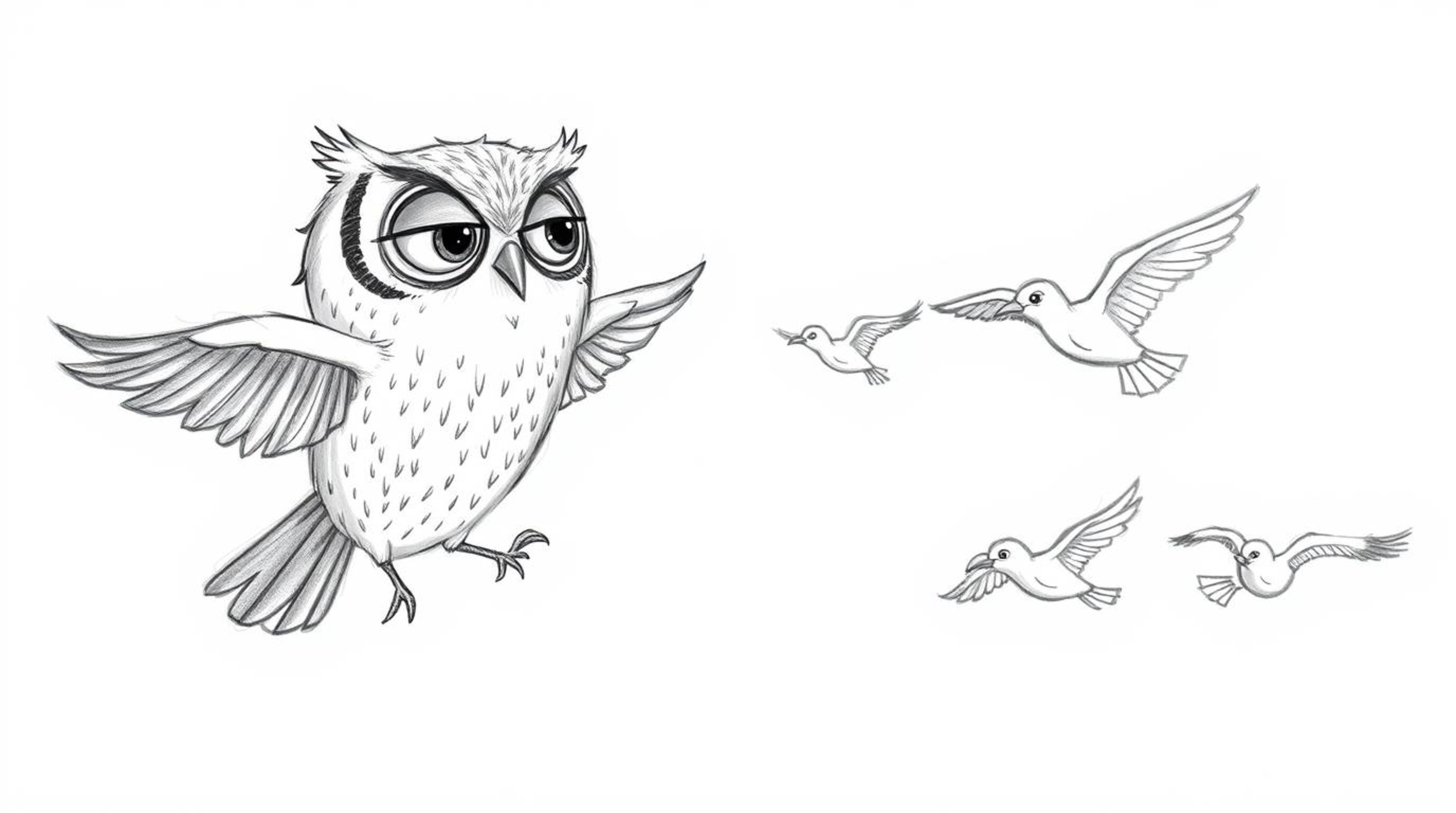 This is a hand-drawn sketch reminiscent of Pixar, portraying a heartwarming scene of a blind owl with gentle, expressive feat