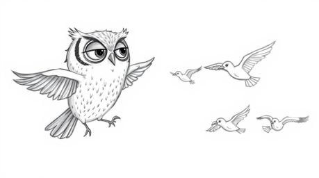 This is a hand-drawn sketch reminiscent of Pixar, portraying a heartwarming scene of a blind owl with gentle, expressive feat