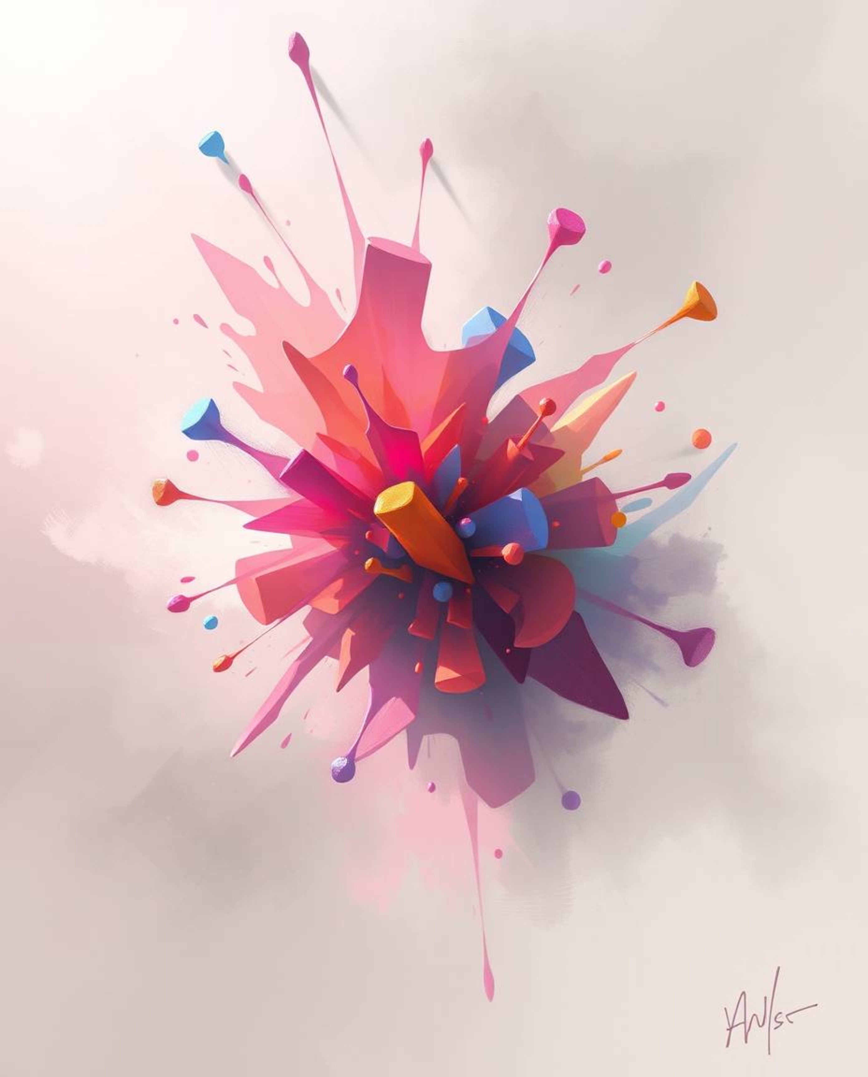 Explore a dynamic digital sketch featuring loose, painterly strokes and a soft cinematic haze. Abstract 3D colorful splash sh