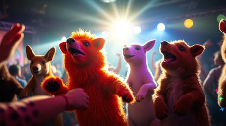 Experience a magical animal dance party bathed in dreamy, soft light.  Disco lights illuminate the scene, creating a vibrant 