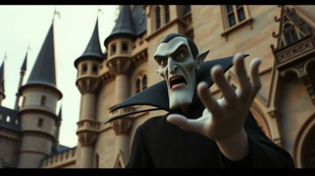 A classic Disney villain with sharp features and pale skin casts a spell within a meticulously detailed, classic European-sty