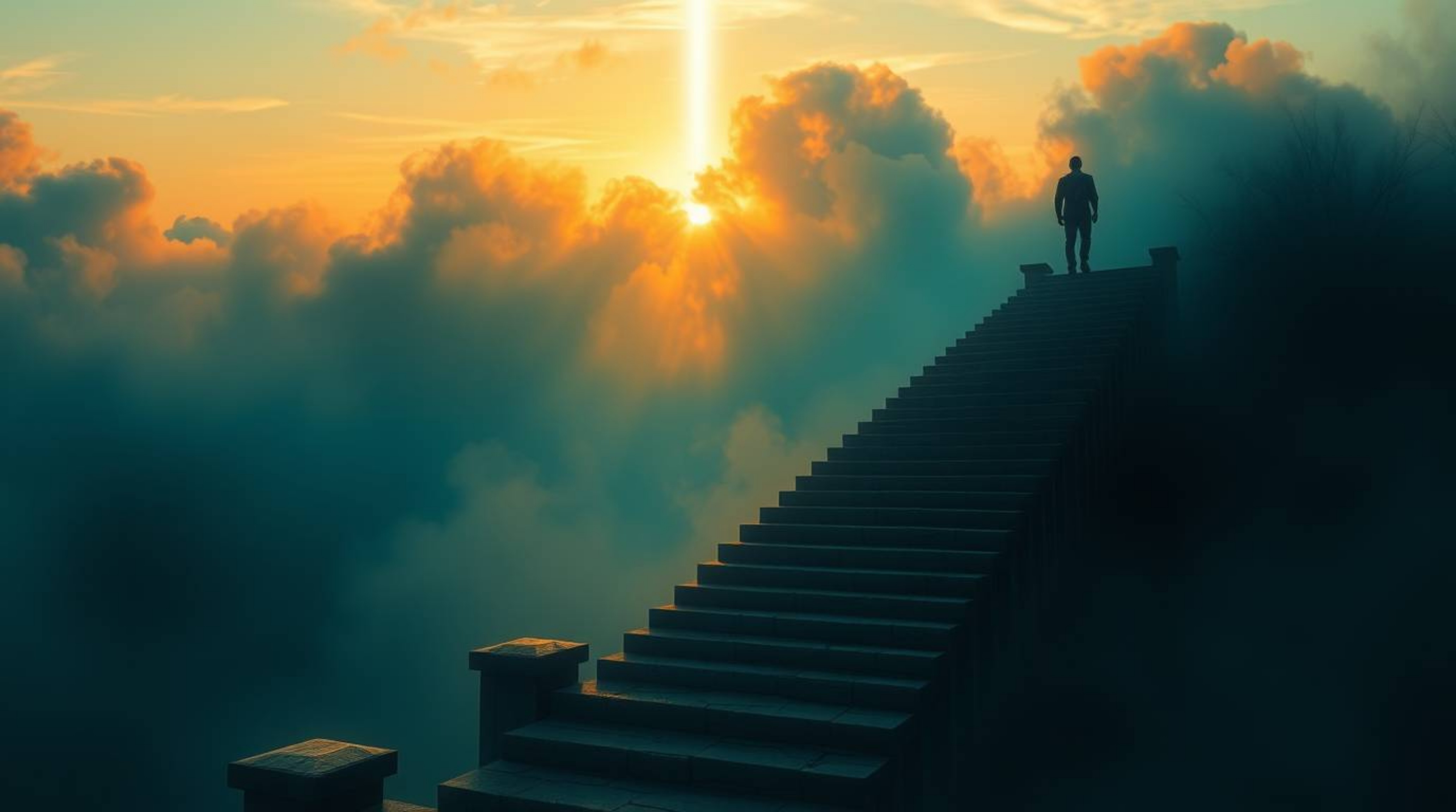 A lone figure ascending a stone staircase towards a divine light beam breaking through thick fog and smoke, all set against a