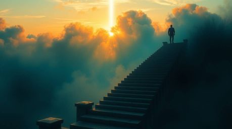 A lone figure ascending a stone staircase towards a divine light beam breaking through thick fog and smoke, all set against a