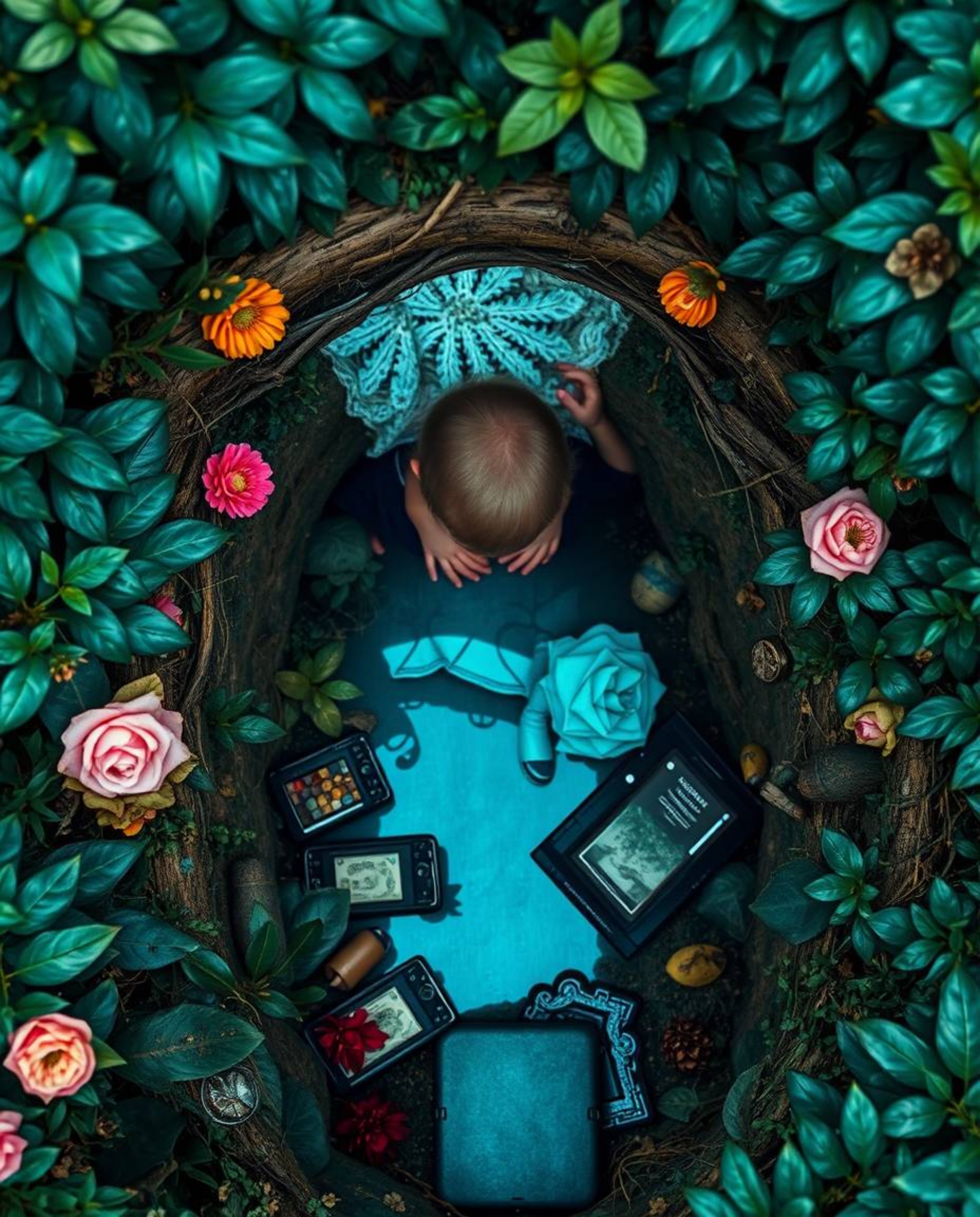 A captivating overhead shot reveals a child's wondrous discovery: a vibrant teal magical portal shimmering in their backyard.