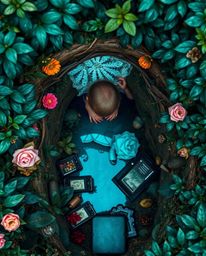 A captivating overhead shot reveals a child's wondrous discovery: a vibrant teal magical portal shimmering in their backyard.
