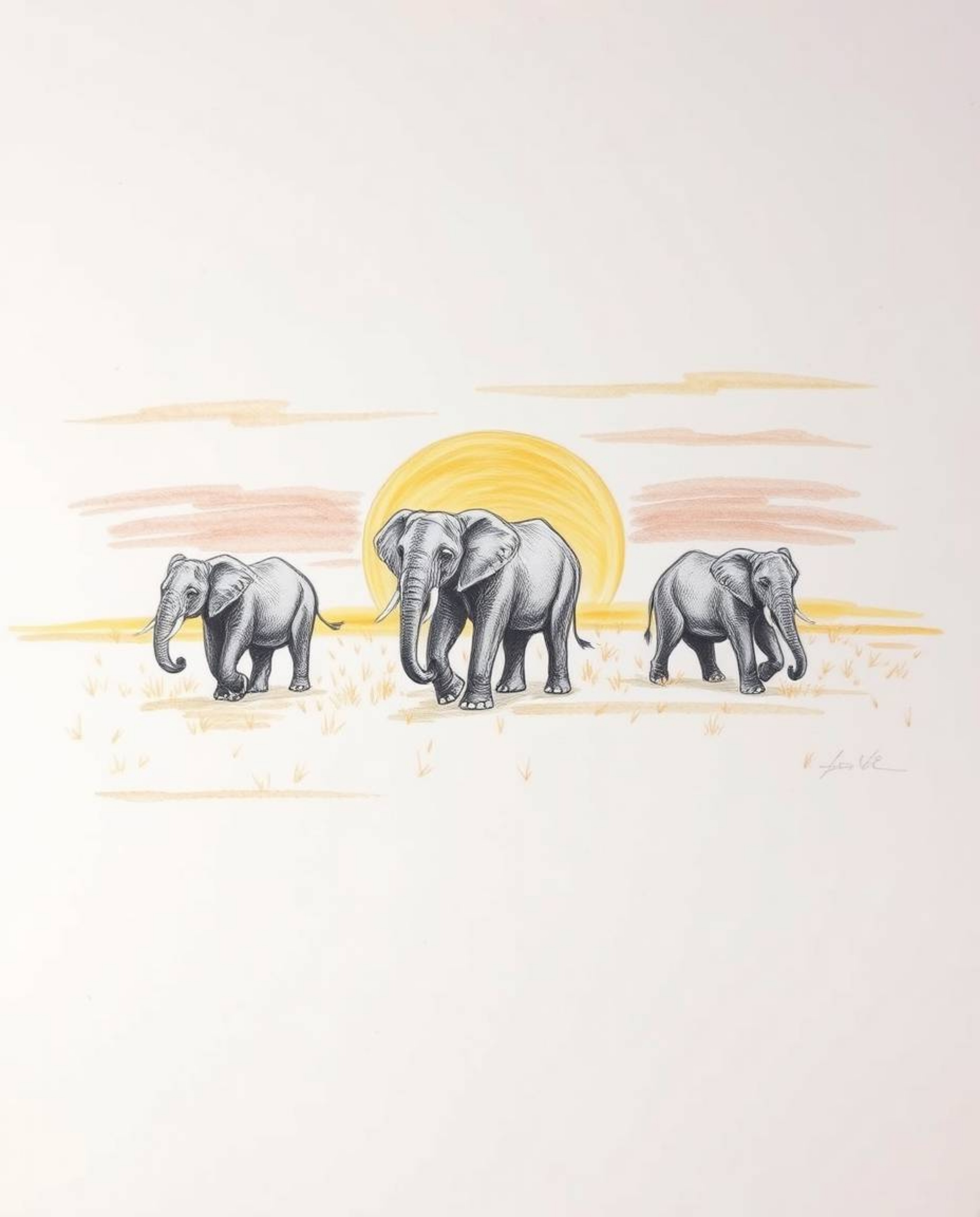 Hand-drawn sketch of elephants walking across a sunset field. Natural earth tones, browns, beiges, muted colors, rough pencil