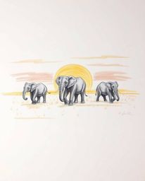 Hand-drawn sketch of elephants walking across a sunset field. Natural earth tones, browns, beiges, muted colors, rough pencil