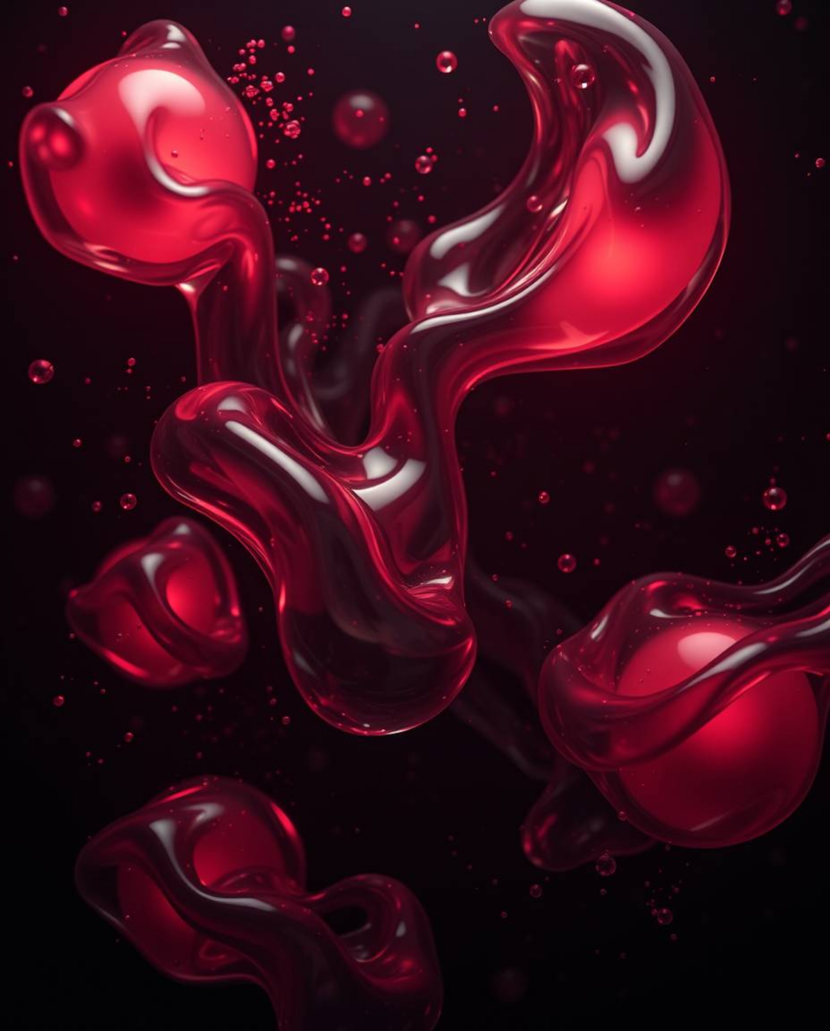 Experience the unsettling beauty of glassy fluid 3D shapes in motion, surrounded by mesmerizing glowing particles. This artwo