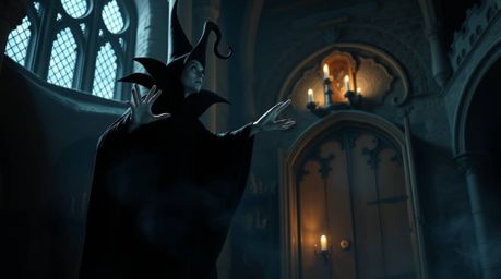 A classic Disney villain is captured casting a spell within the aged walls of an old castle. The scene evokes an ethereal and