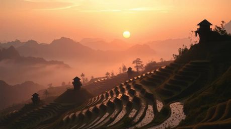 Experience a dreamlike sunset over mountainous rice terraces, bathed in hazy, soft light. This surreal image incorporates fan